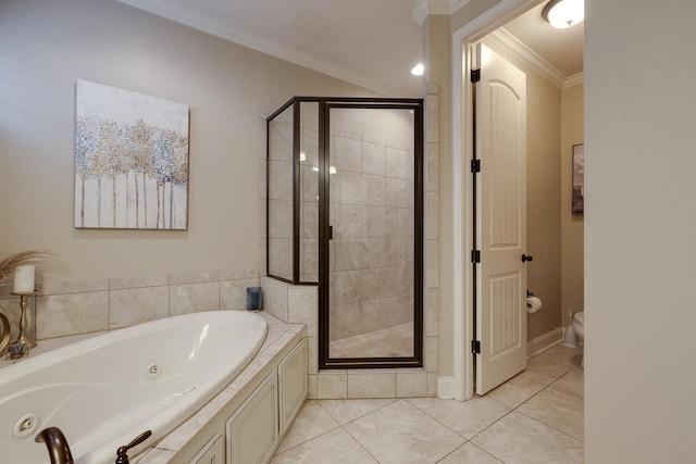 bathroom with tile patterned floors, ornamental molding, plus walk in shower, and toilet