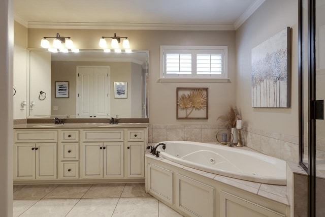 bathroom with tile patterned flooring, crown molding, vanity, and a tub to relax in