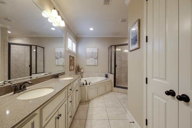 bathroom featuring independent shower and bath, ornamental molding, tile patterned floors, and vanity