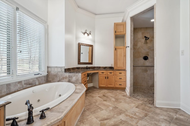 bathroom featuring vanity, crown molding, and shower with separate bathtub