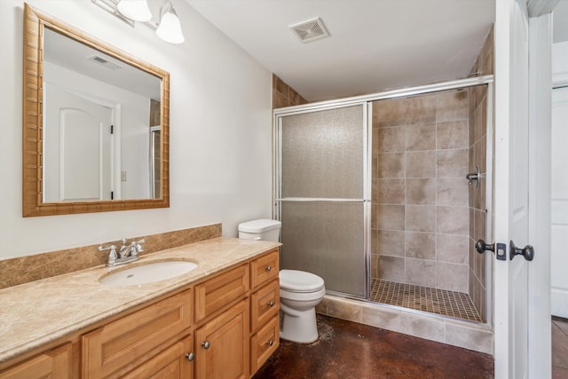 bathroom featuring walk in shower, vanity, toilet, and concrete floors