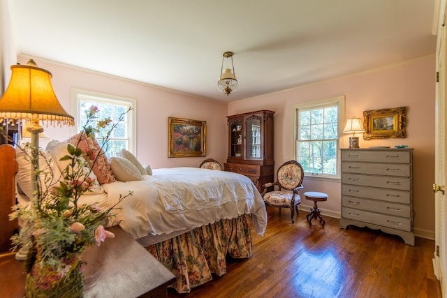 bedroom with crown molding, dark hardwood / wood-style flooring, and multiple windows