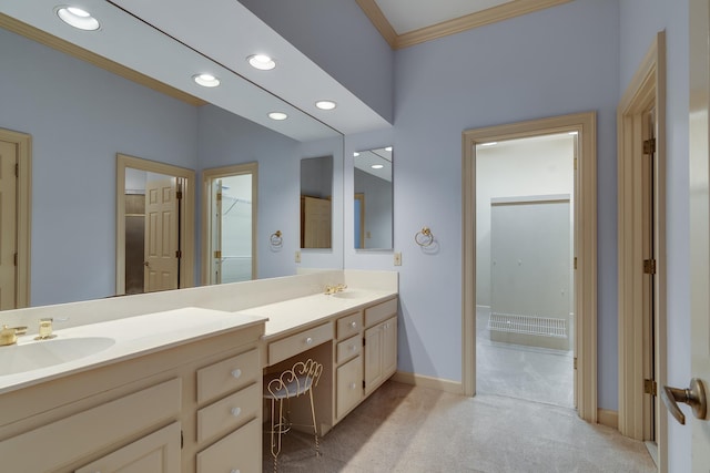 full bathroom featuring crown molding, recessed lighting, a sink, and double vanity