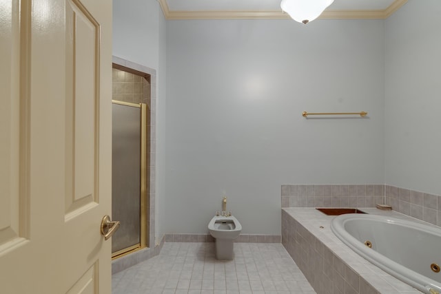 full bath featuring a bidet, a stall shower, and crown molding