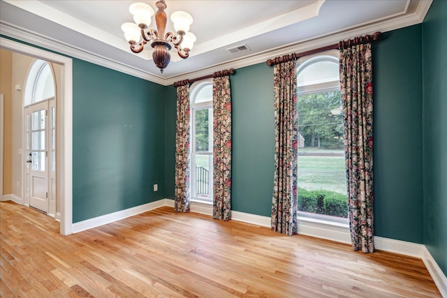 spare room featuring light hardwood / wood-style floors, a healthy amount of sunlight, a chandelier, and a tray ceiling