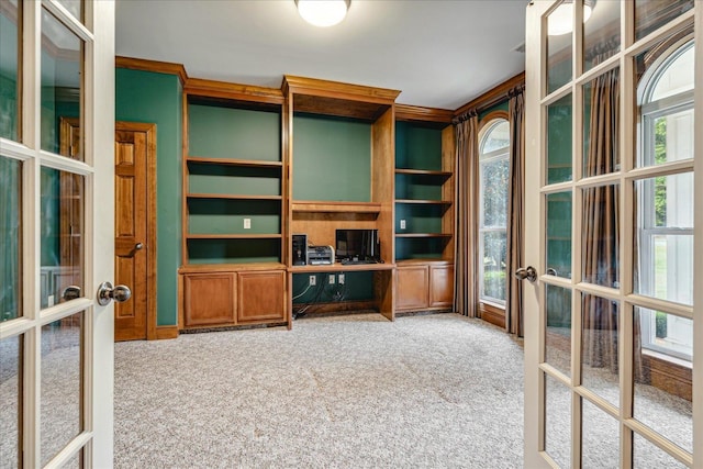 unfurnished office featuring carpet and french doors