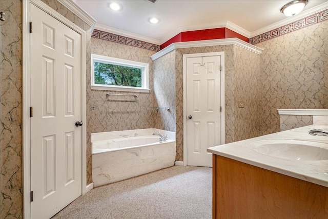 bathroom featuring vanity, ornamental molding, and a bath