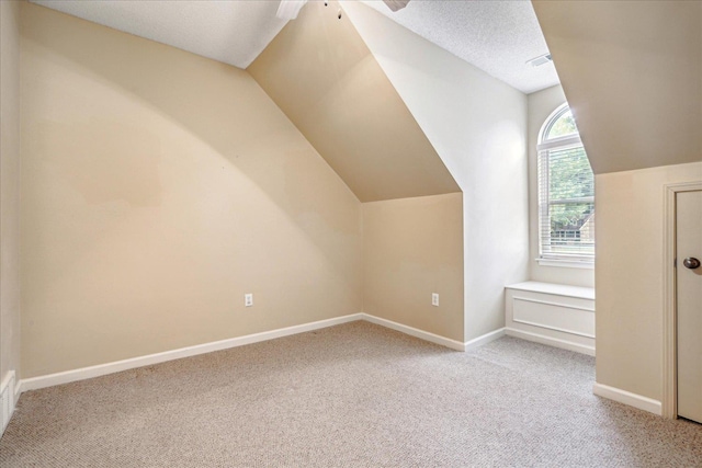 additional living space with light colored carpet, lofted ceiling, and a textured ceiling