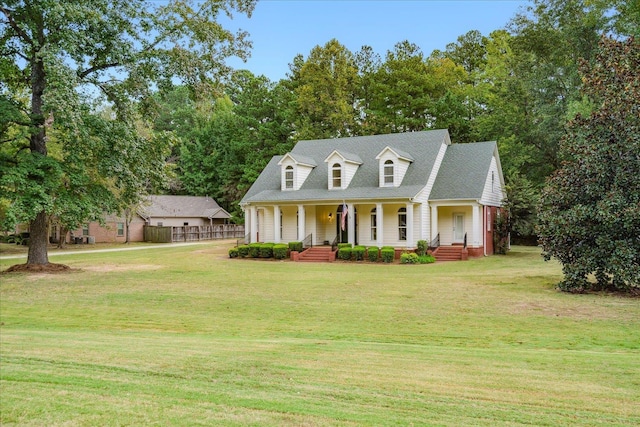 cape cod home with a front lawn and a porch