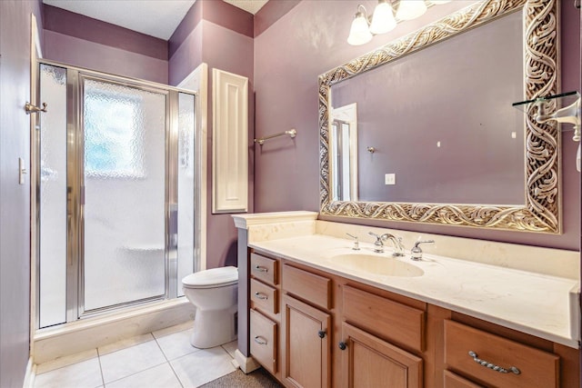 bathroom featuring walk in shower, vanity, toilet, and tile patterned flooring