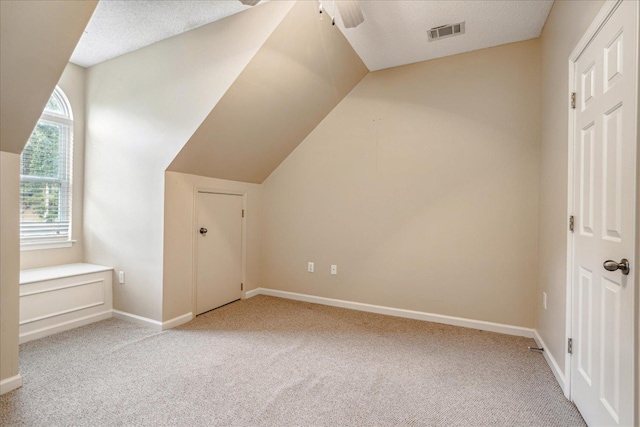 additional living space featuring light carpet, a textured ceiling, lofted ceiling, and ceiling fan