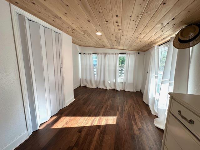 interior space featuring dark hardwood / wood-style flooring, wood ceiling, and multiple windows