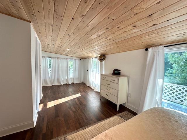 unfurnished bedroom featuring dark wood-type flooring and wood ceiling