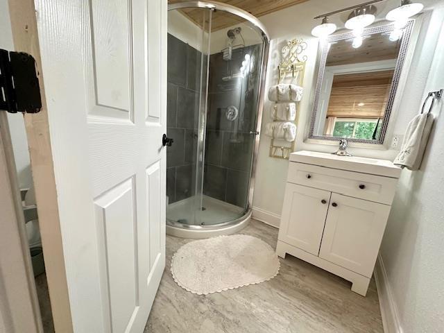 bathroom with vanity, wood-type flooring, and an enclosed shower