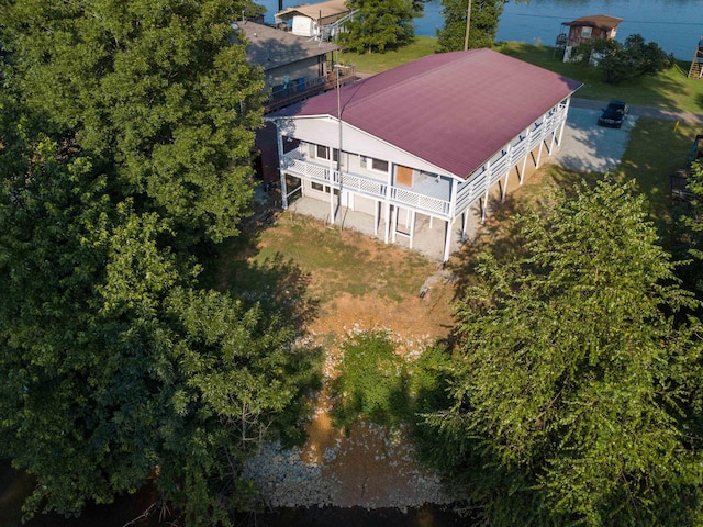 drone / aerial view featuring a water view