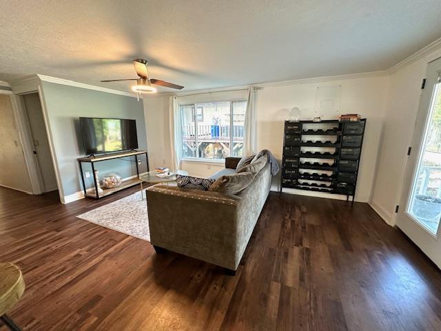 living room with dark hardwood / wood-style flooring, a wealth of natural light, and ornamental molding