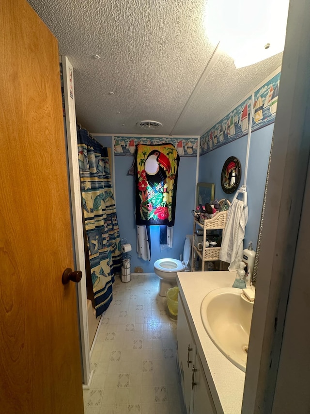 bathroom featuring vanity, a textured ceiling, and toilet