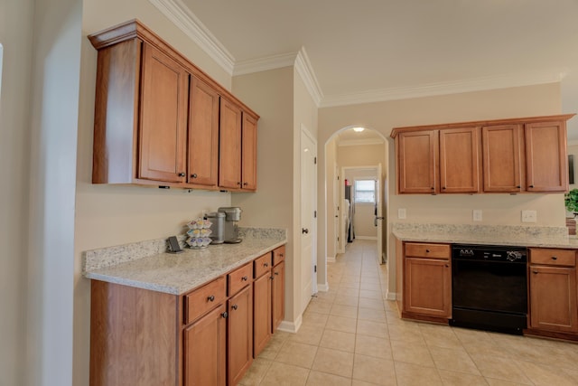 kitchen featuring dishwasher, crown molding, light tile patterned floors, and light stone counters