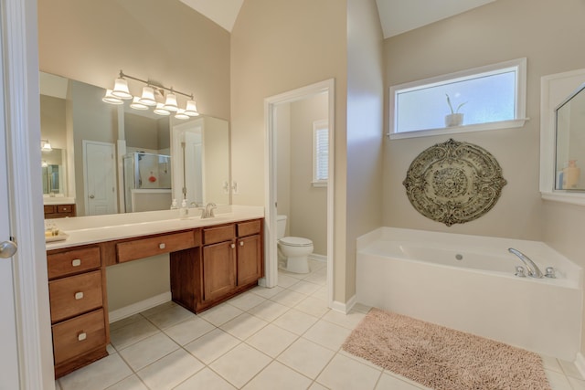 full bathroom featuring tile patterned floors, toilet, vanity, and plus walk in shower