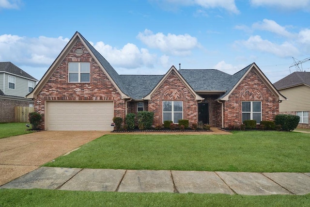 view of front of house with a garage and a front lawn