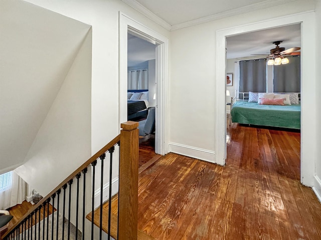 hallway with hardwood / wood-style flooring and crown molding