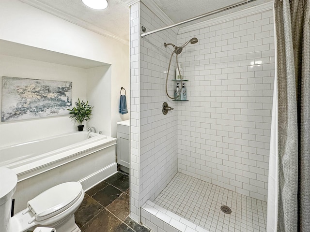 bathroom with ornamental molding, separate shower and tub, a textured ceiling, and toilet