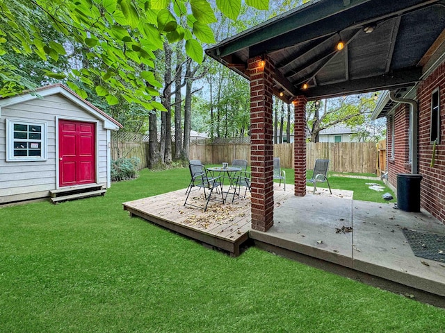 view of yard featuring a patio and a storage shed