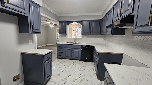 kitchen featuring crown molding, dishwasher, sink, and backsplash