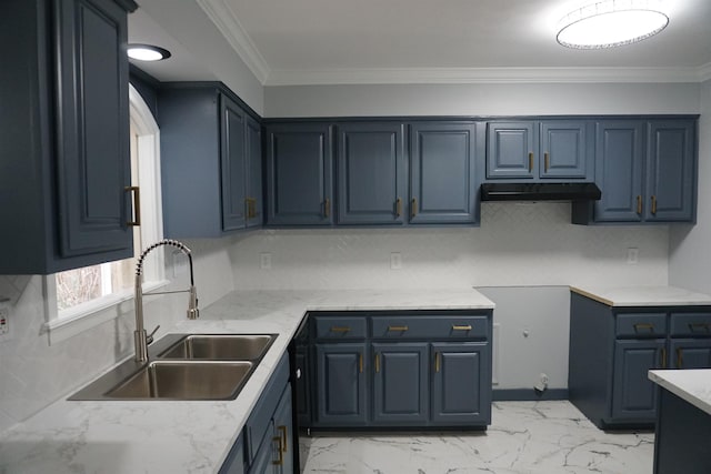 kitchen featuring tasteful backsplash, sink, light stone counters, and ornamental molding