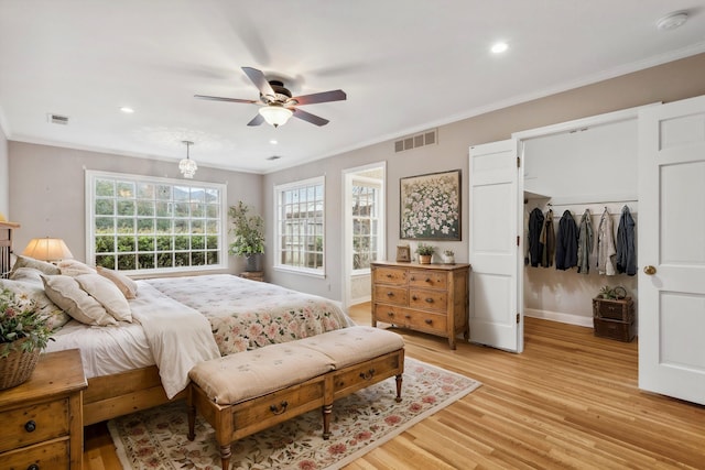 bedroom featuring ceiling fan, ornamental molding, a walk in closet, a closet, and light wood-type flooring