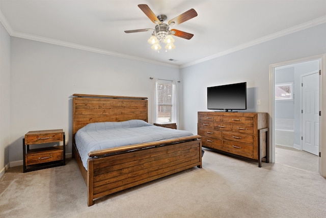 bedroom with ornamental molding and light carpet