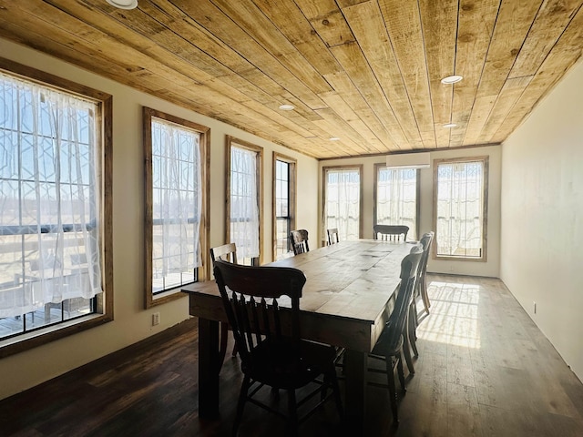 dining room with wooden ceiling and dark hardwood / wood-style flooring