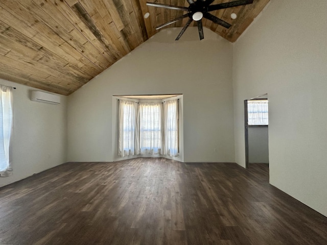 unfurnished room featuring dark wood-type flooring, lofted ceiling, wood ceiling, an AC wall unit, and ceiling fan