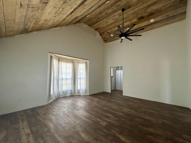 spare room with ceiling fan, lofted ceiling, dark hardwood / wood-style floors, and wood ceiling