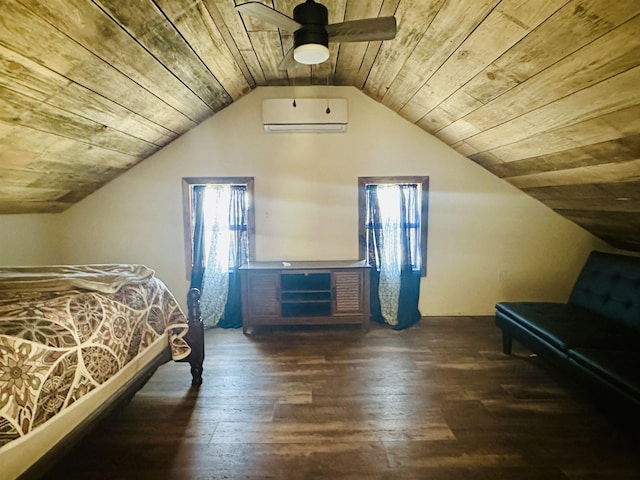 bedroom featuring dark hardwood / wood-style flooring, wood ceiling, vaulted ceiling, and an AC wall unit