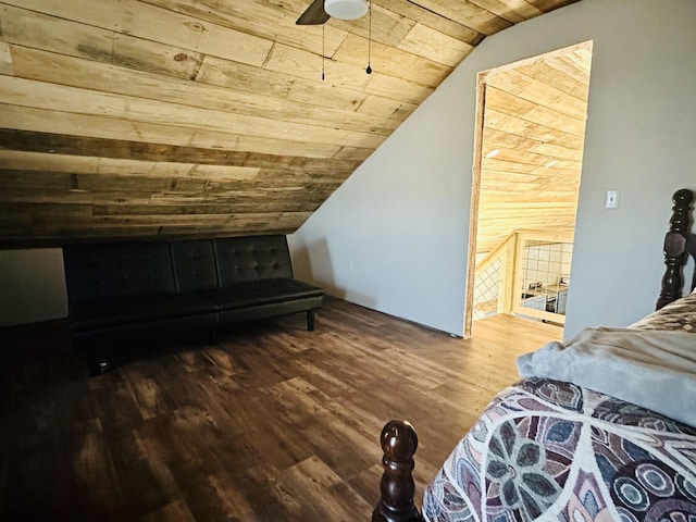 unfurnished bedroom featuring hardwood / wood-style flooring, lofted ceiling, and wood ceiling