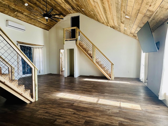 interior space featuring wood ceiling, a wall mounted air conditioner, high vaulted ceiling, dark hardwood / wood-style floors, and ceiling fan