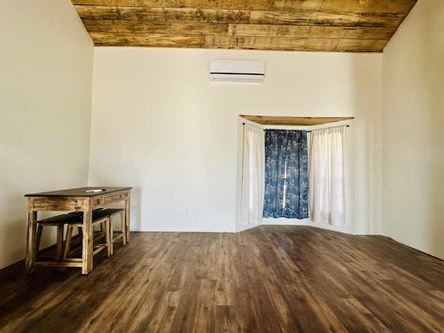 spare room featuring dark wood-type flooring, a wall mounted air conditioner, and wooden ceiling