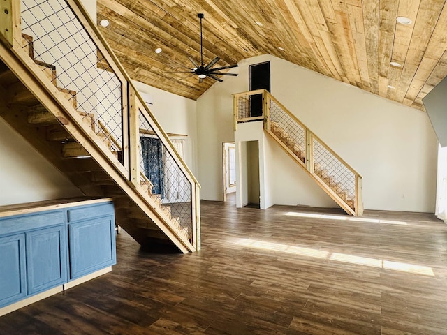 unfurnished living room featuring dark hardwood / wood-style flooring, wood ceiling, high vaulted ceiling, and ceiling fan