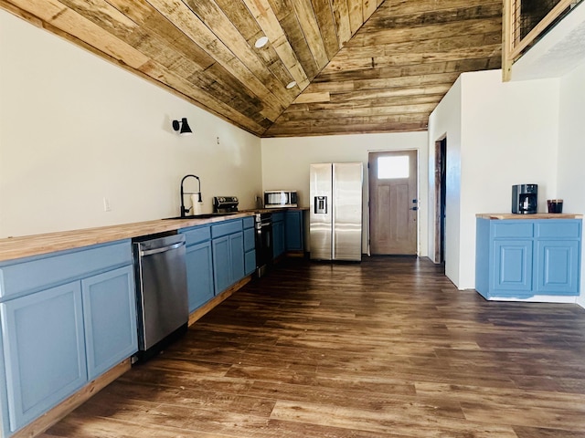 kitchen with stainless steel appliances, blue cabinets, sink, and wooden ceiling