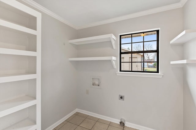 clothes washing area featuring built in features, ornamental molding, washer hookup, light tile patterned floors, and electric dryer hookup