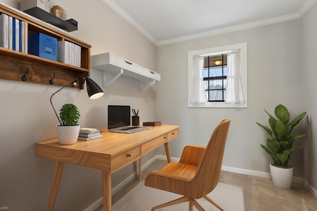 carpeted home office featuring ornamental molding