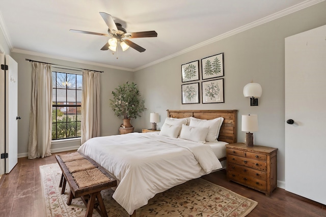 bedroom with crown molding, ceiling fan, and dark hardwood / wood-style floors