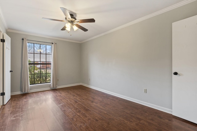 empty room with hardwood / wood-style flooring, ceiling fan, and ornamental molding