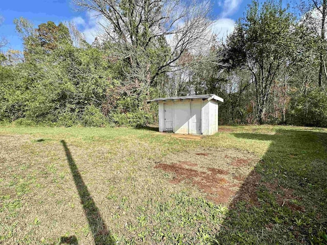 view of yard featuring a storage unit