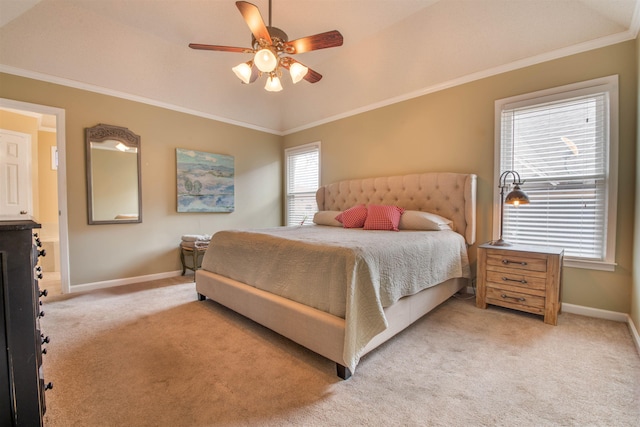 bedroom with light carpet, ornamental molding, and ceiling fan