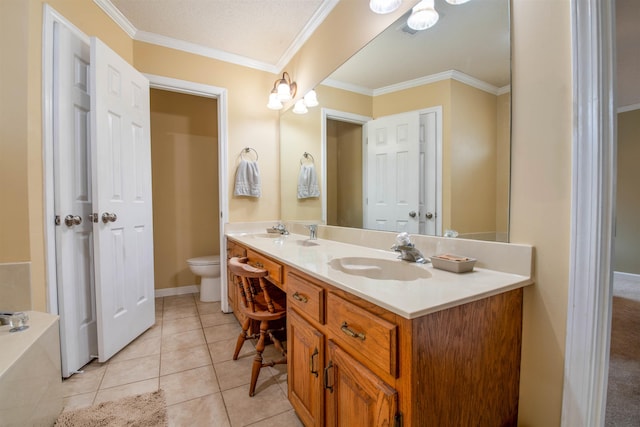 bathroom featuring tile patterned floors, ornamental molding, toilet, and vanity