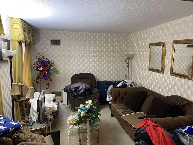 living room with a textured ceiling and carpet