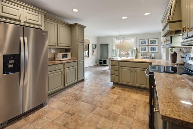 kitchen with pendant lighting, sink, ornamental molding, a notable chandelier, and stainless steel appliances