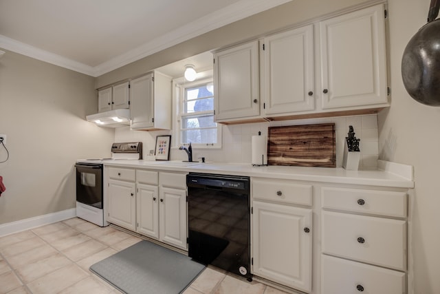 kitchen featuring white cabinetry, decorative backsplash, white electric stove, and black dishwasher